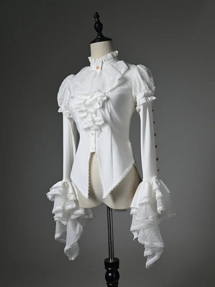 Weißes High-Low Langarm-Hals-Jabot-Saum-Shirt mit hohen Rüschen