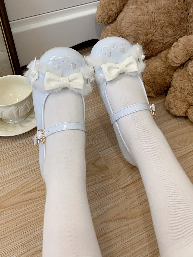 Blaue Schuhe Details Runde Zehenriemen Lolita Schnalle Ohr mit Bowknot Plüsch süßes Häschen