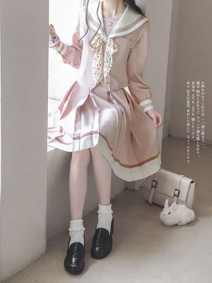 Long Sailor Uniform with Sweet Sleeve JK Beige Blouse Sakura Collar and Pink Embroidery
