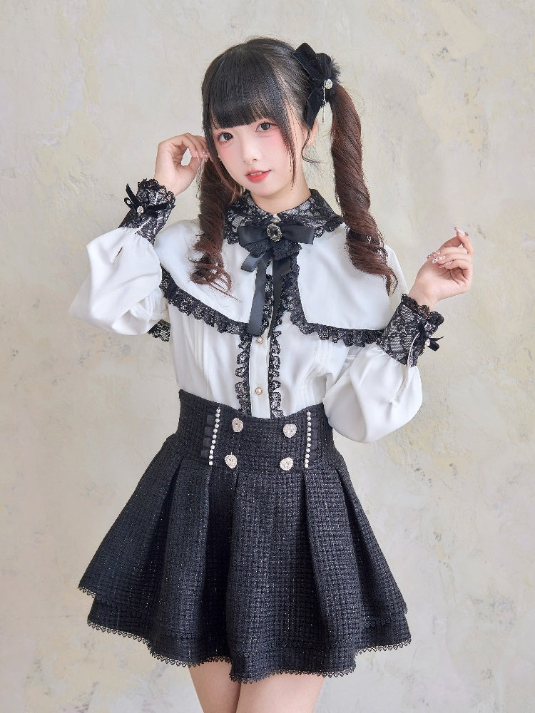 ツイードウエストの黒スカート ジライケイ ハートラインストーン ハイ