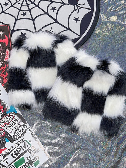 Y2K 25cm チェック柄シャギーレッグウォーマー