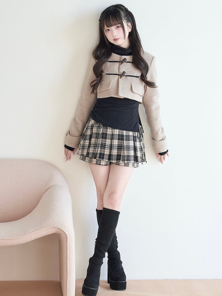 Coat Wool Kei Style Beige Blend Cropped Closures Pure Toggle Jirai with
