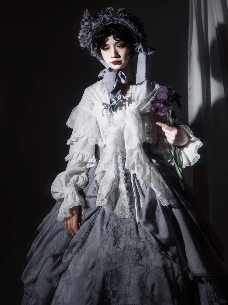 with Under Boned Waist Gray Gothic Bust Lolita Embroidery Dress Detail