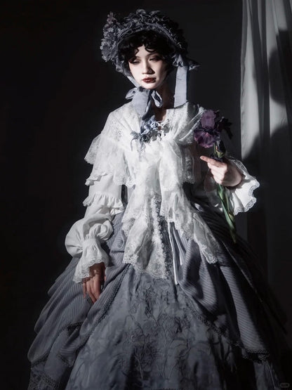 with Under Boned Waist Gray Gothic Bust Lolita Embroidery Dress Detail