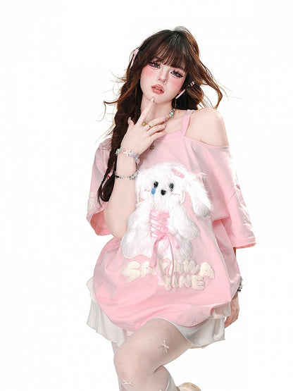 Plush Bunny Applique Criss-cross Design Cutout Shoulder Pink/Blue/Black Loose T-Shirt