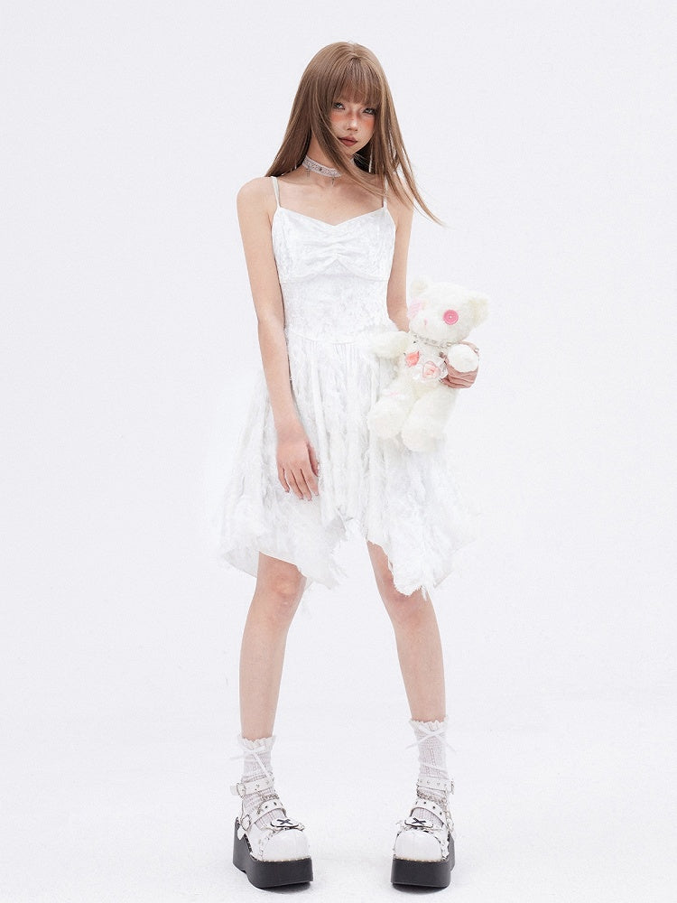 White Fringe Handkerchief Hem Cami Dress