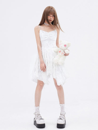 White Fringe Handkerchief Hem Cami Dress