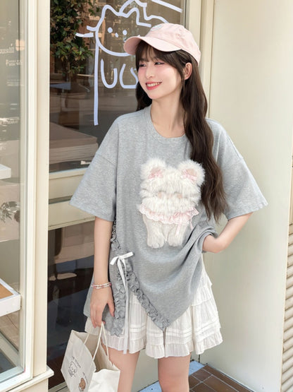 ピンク/グレー ラウンドネック ぬいぐるみ キティ/ベア Tシャツ