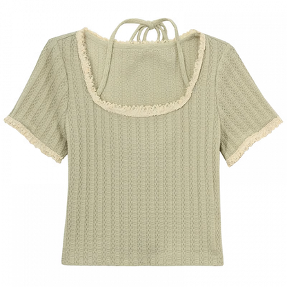 Light Green Mori Neck Lace Kei Round Neck Trim T-Shirt Halter