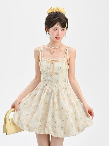 Bubble Sweet Kleid mit selbstbindenden Trägern Slip Apricot Blumenmuster Rock Urlaub