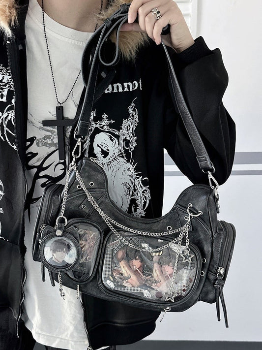 PU Black Design Chain Cat Details Ear Bag with Crossbody Ita