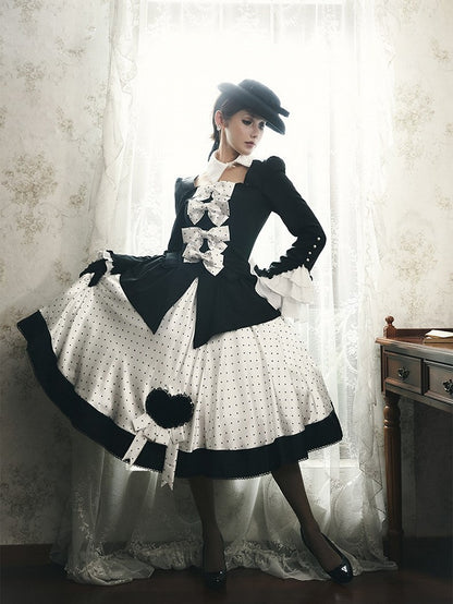 Retro Black Blazer & Polka Dot Skirt Ensemble with Bow Accents and Detachable Collar - Charing Cross