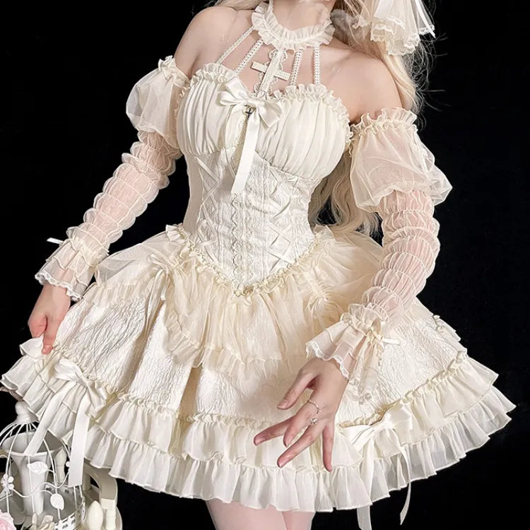 Cross Belle Elfenbein Neckholder Korsett Kleid Balletcore Prinzessin Lolita JSK