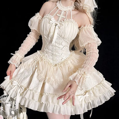 Cross Belle Elfenbein Neckholder Korsett Kleid Balletcore Prinzessin Lolita JSK