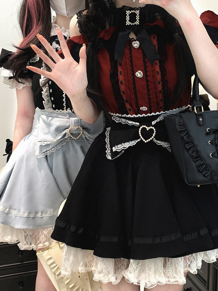 Back Jirai Kei Lace Trim Beaded Heart Decorated Big Bow Lace-up