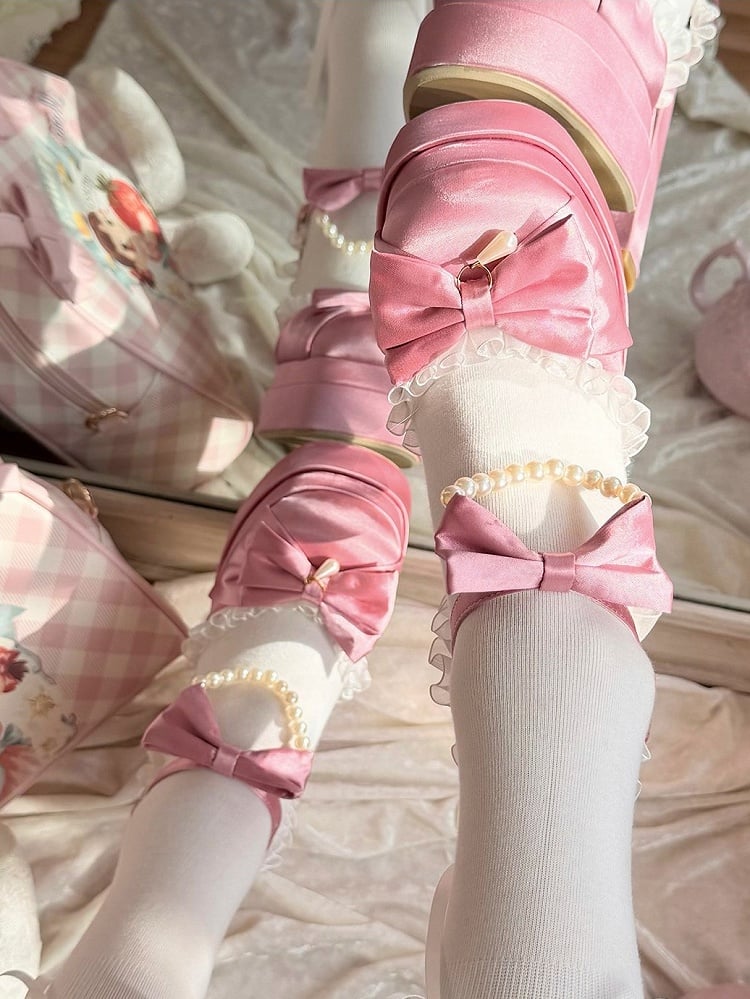Kawaii Pink Pearl Chain & Lace Bow Accent 5cm Platform Round Toe Shoes - Witch's Night