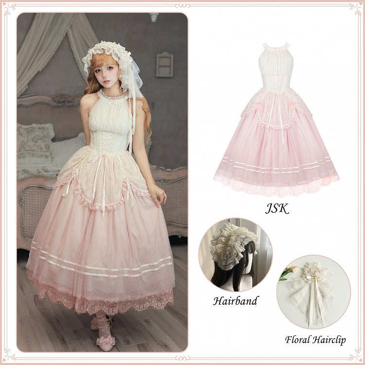 Pink Classic Gradient Lolita JSK Dress with Hairband and Clip - With PUJI