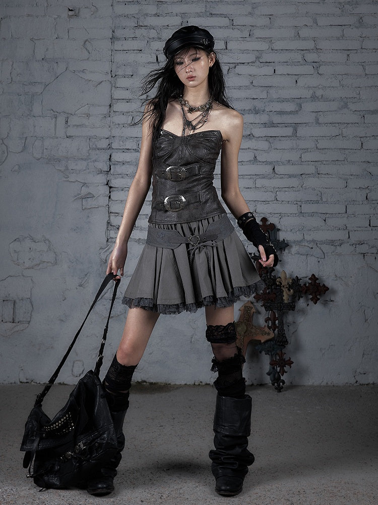 with Heart-Shaped Buckle Design Brown PU Bustier Top