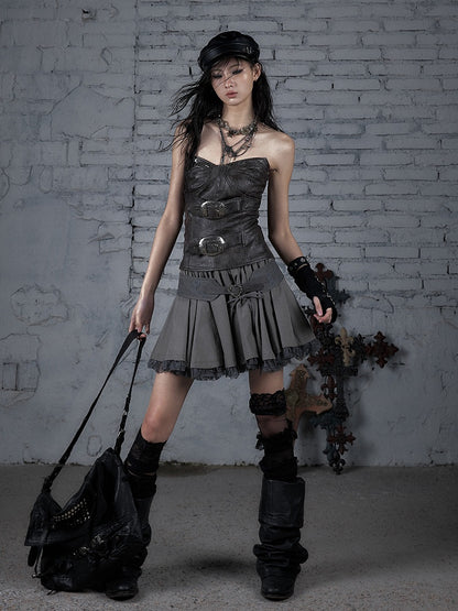 with Heart-Shaped Buckle Design Brown PU Bustier Top