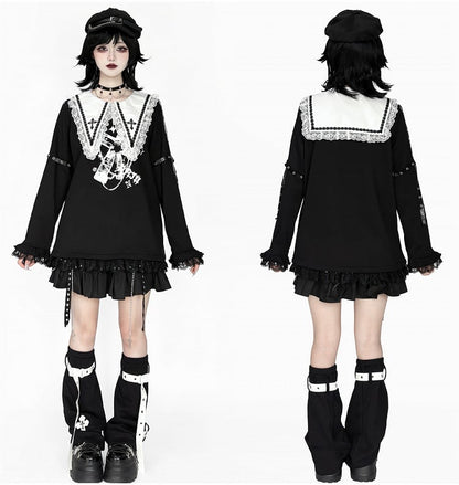 with Black Top: Criss-Cross Cross Pointed Harajuku Style Collar White Jirai Straps Kei Sleeve