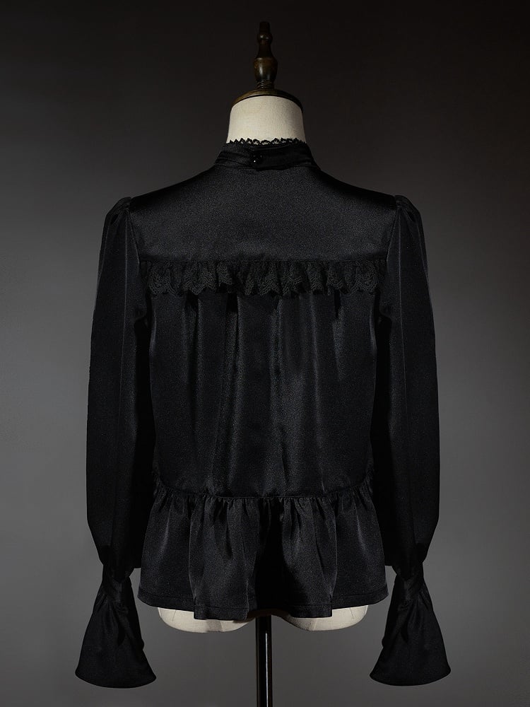 Schwarzes Ouji Fashion Lolita Langarmhemd mit Jabot-Krawatte und Fliege