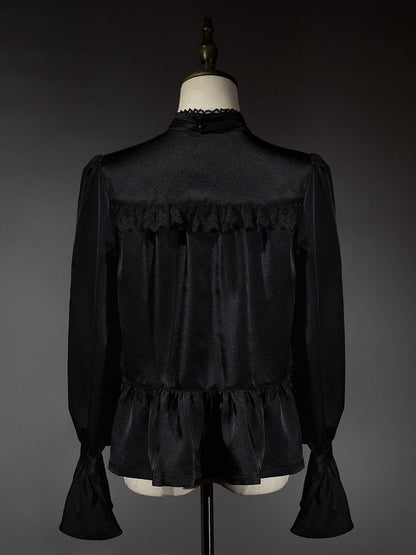 Schwarzes Ouji Fashion Lolita Langarmhemd mit Jabot-Krawatte und Fliege