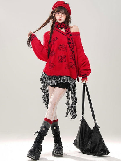 Grauer, lockerer Pullover mit V-Ausschnitt und kostenlosem Schal