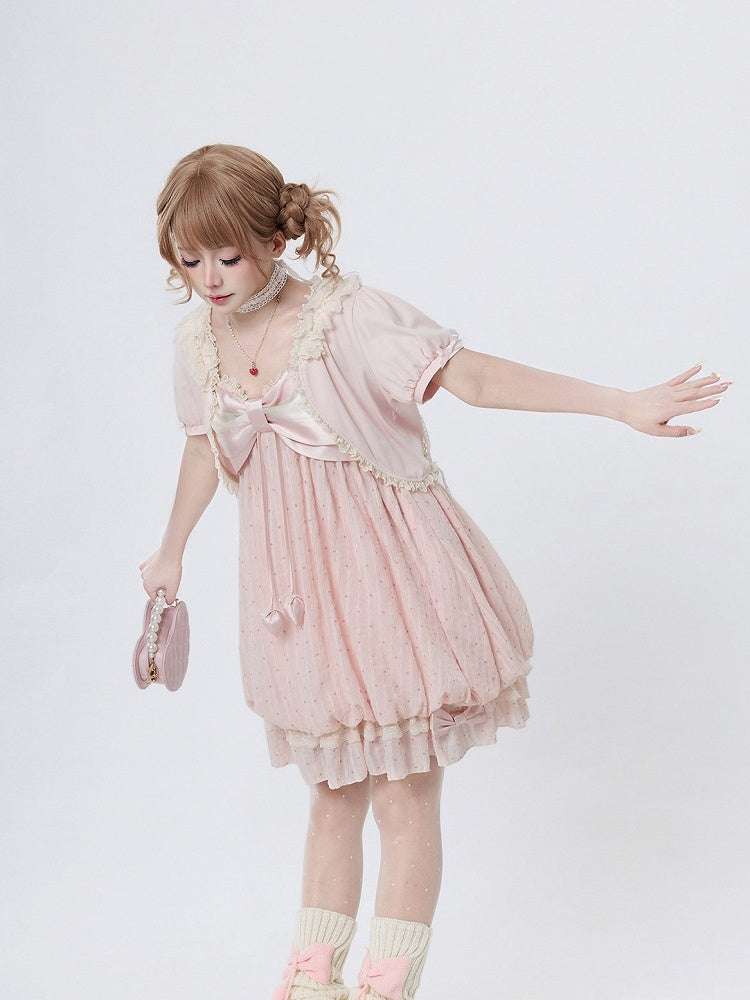 Pink Bow Lace Trim Cardigan - Tan Tuan
