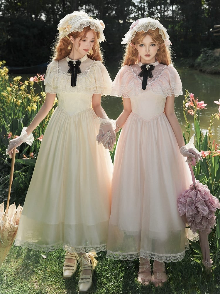 Lolita Stück Elegantes Illusionshals-Taillenkleid Baskenrosa Ein Edward-Ausschnitt