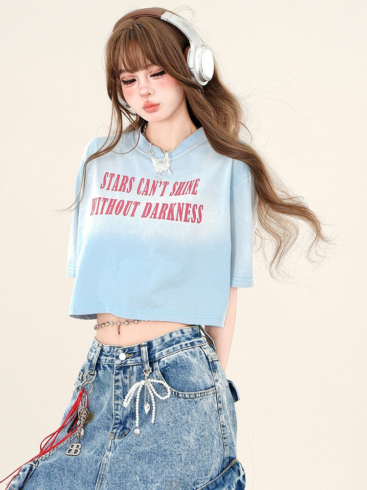 グラデーションカラー ローズピンク/ブルー文字 クロップTシャツ