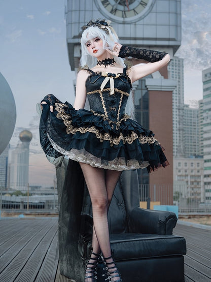 Fabric with Black Jacquard Boned Big Dress Train Balletcore Basque Bow Hime Lolita Waist