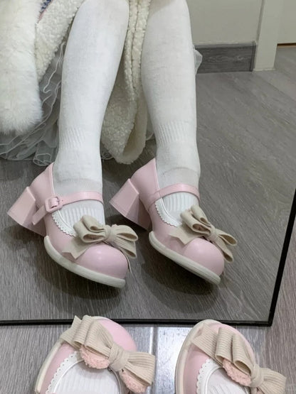 Pink Low/Mid Edge Mary Ear Light Bear Detachable Sweet - Scalloped Heel Bow Janes with Lolita