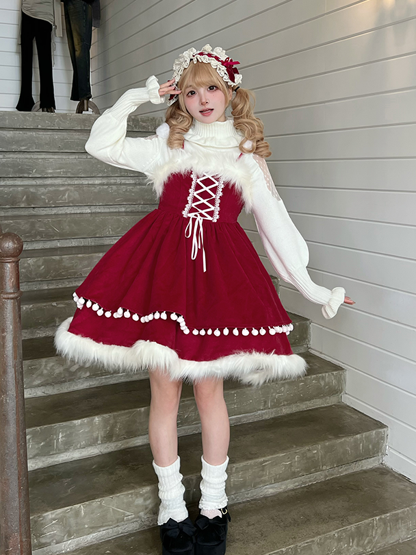 Accents Jumper Skirt with Lolita Self-tie Bow Wine Shoulder Sweet Detachable Straps Christmas Red