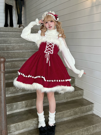 Accents Jumper Skirt with Lolita Self-tie Bow Wine Shoulder Sweet Detachable Straps Christmas Red