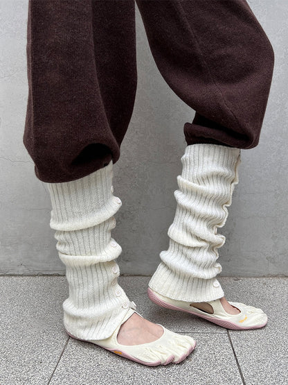 Slouchy Leg Knit White Warmers Gray Button-Detail /