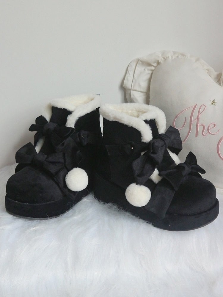 Black Boots Bows - Lolita Pompon Sweet with Style Platform Winter Warm