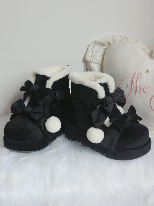 Black Boots Bows - Lolita Pompon Sweet with Style Platform Winter Warm