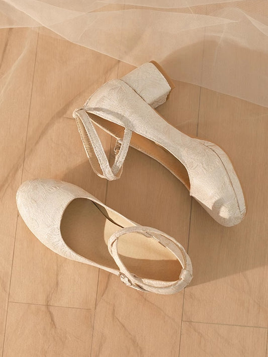 Qi Lolita Mid-Heel Crisscross Floral Beige Mart Design Pattern Janes - Satin