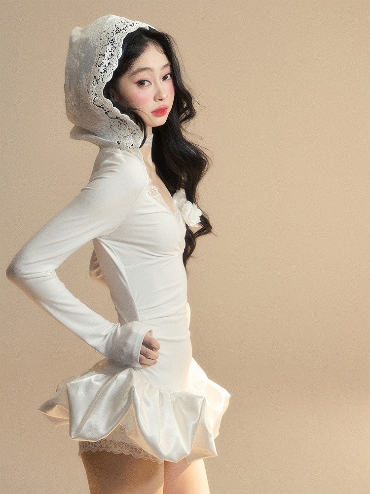 Floral Accents	Lace Skirt Mini Bubble Trim White V-Neck Dress Hooded Glamorous