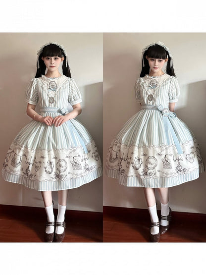 Classic Lolita Antique Porcelain Print and Embroidery OP Dress in Blue and Gray with Striped Pattern - Birds Diary
