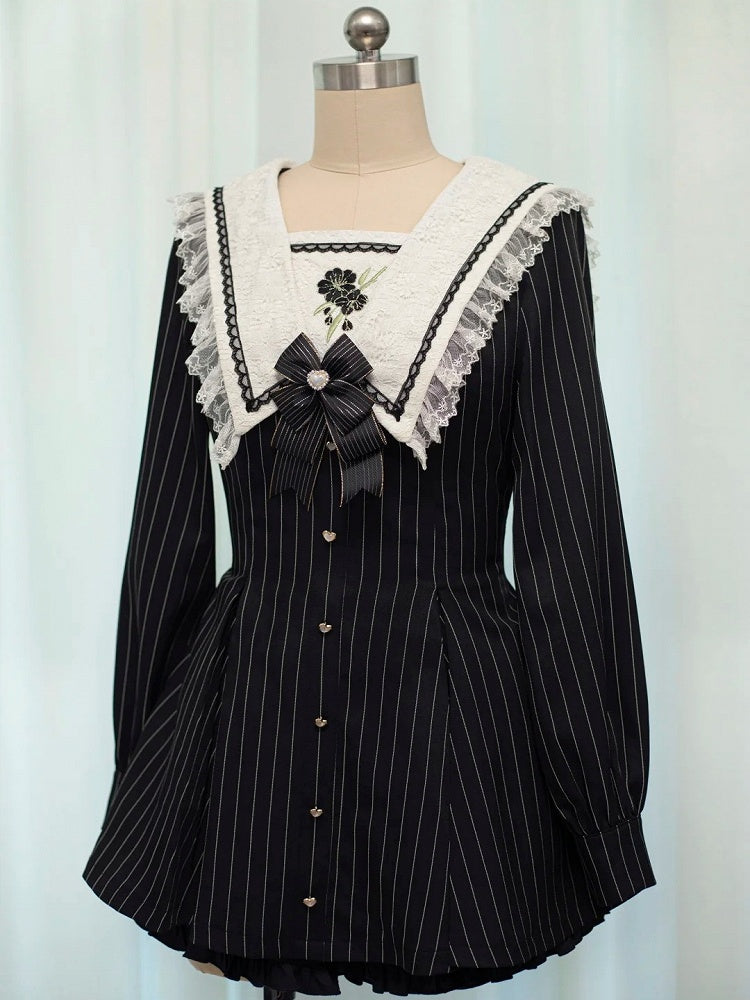 Black Striped Sailor Collar Long-Sleeve Dress with Cherry Blossom Embroidery and Matching Shorts - Dream Core Waves