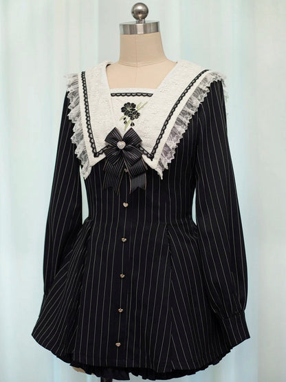 Black Striped Sailor Collar Long-Sleeve Dress with Cherry Blossom Embroidery and Matching Shorts - Dream Core Waves