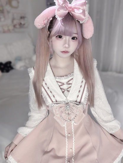 Sailor Pink Long Dress and Shorts Matching - Navycore Collar Kei Jirai Outfit Sleeves