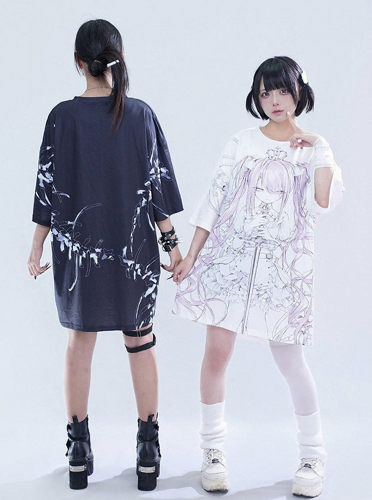 Oversized Anime Girl Print Tee - Tribuo Flos