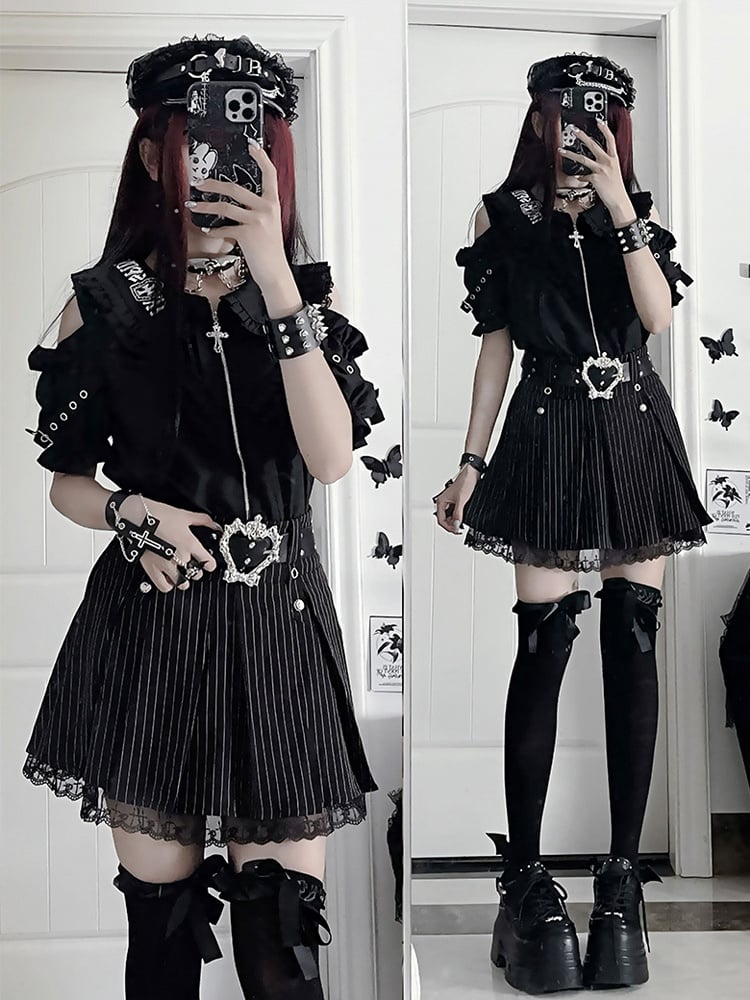 Accents with Black Short Shoulder Ruffle Gothic Sleeve Chest Cut-Outs Puff Shirt
