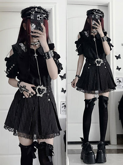 Accents with Black Short Shoulder Ruffle Gothic Sleeve Chest Cut-Outs Puff Shirt