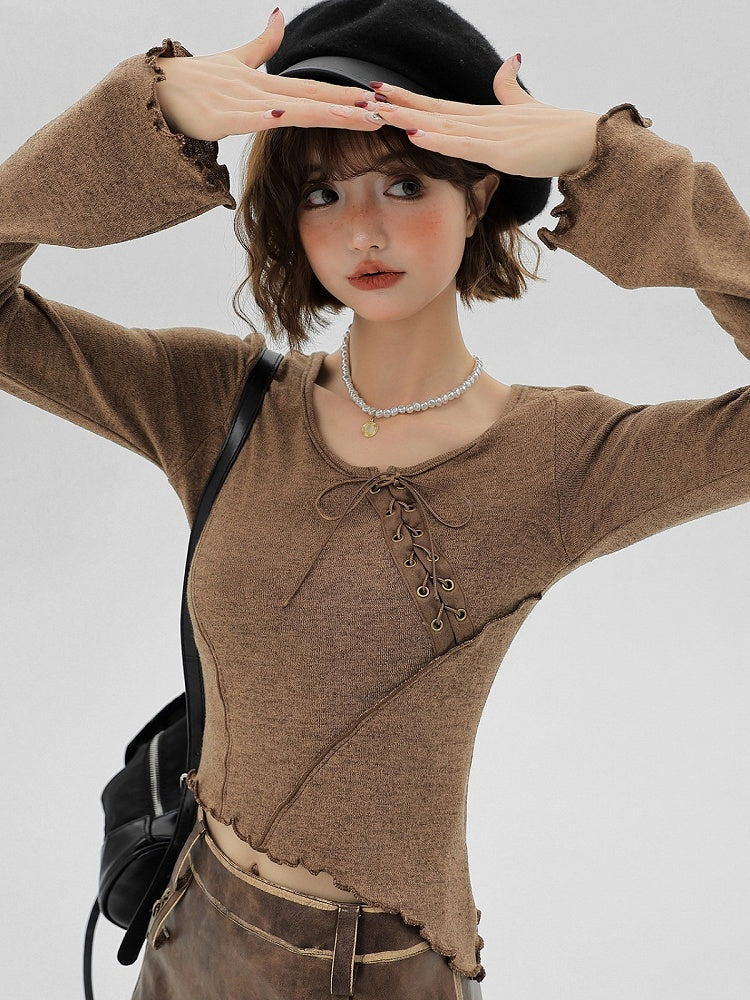Brown Ruffle Trim Long Sleeve T-Shirt with Lace-up Details - Girlyhalo
