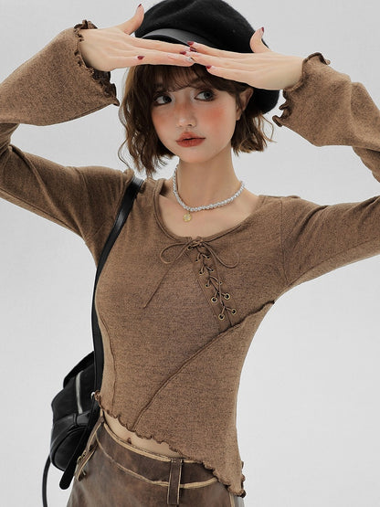 Brown Ruffle Trim Long Sleeve T-Shirt with Lace-up Details - Girlyhalo