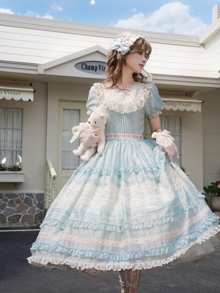 Mint Green Puff Sleeve Lace Trim Elegant Lolita Gown - Pumpkin Planet