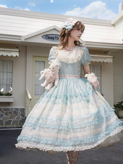 Mint Green Puff Sleeve Lace Trim Elegant Lolita Gown - Pumpkin Planet